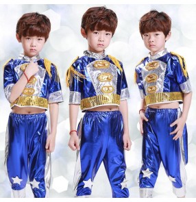 Silver sequins and royal blue patchwork modern dance girls kids children stage performance hip hop jazz singer dancing costumes outfits